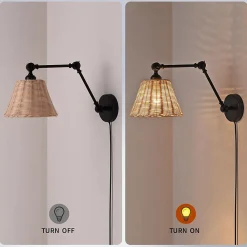 Alpinaluz Applique Murale Intérieure<Applique murale avec bras oscillant et abat-jour en rotin Style rustique, douille E27 avec câble, prise et interrupteur