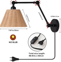 Alpinaluz Applique Murale Intérieure<Applique murale avec bras oscillant et abat-jour en rotin Style rustique, douille E27 avec câble, prise et interrupteur