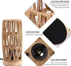 Alpinaluz Lampe De Bureau<Lampe de Table Décorative en Rotin Naturel Design Bohème Vintage avec Base en Bois, Douille E27