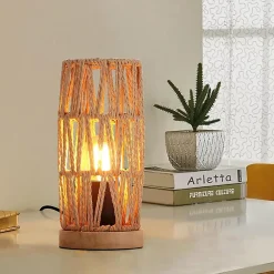Alpinaluz Lampe De Bureau<Lampe de Table Décorative en Rotin Naturel Design Bohème Vintage avec Base en Bois, Douille E27