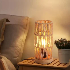 Alpinaluz Lampe De Bureau<Lampe de Table Décorative en Rotin Naturel Design Bohème Vintage avec Base en Bois, Douille E27
