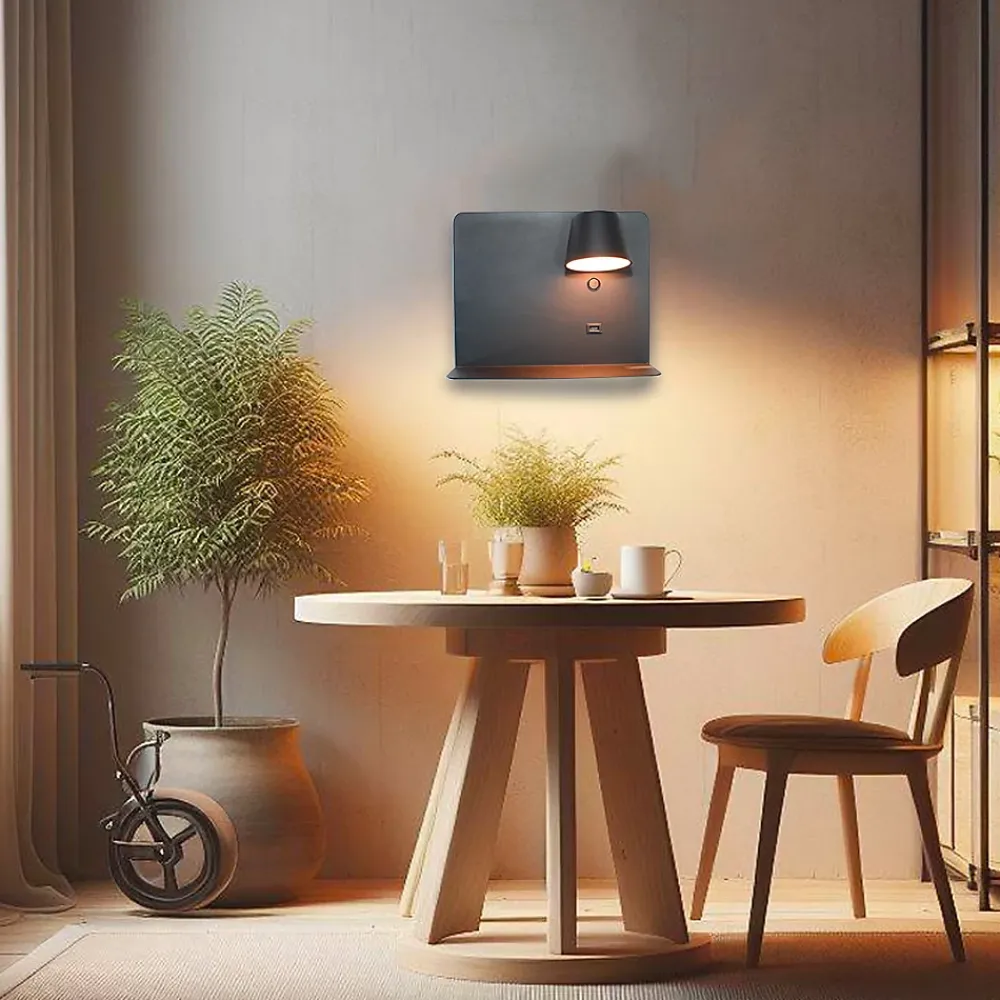 Alpinaluz Applique Murale Intérieure<Applique LED en Aluminium Noir Orientable de 6W 2800K avec Interrupteur Base de Charge Grande et Port USB.