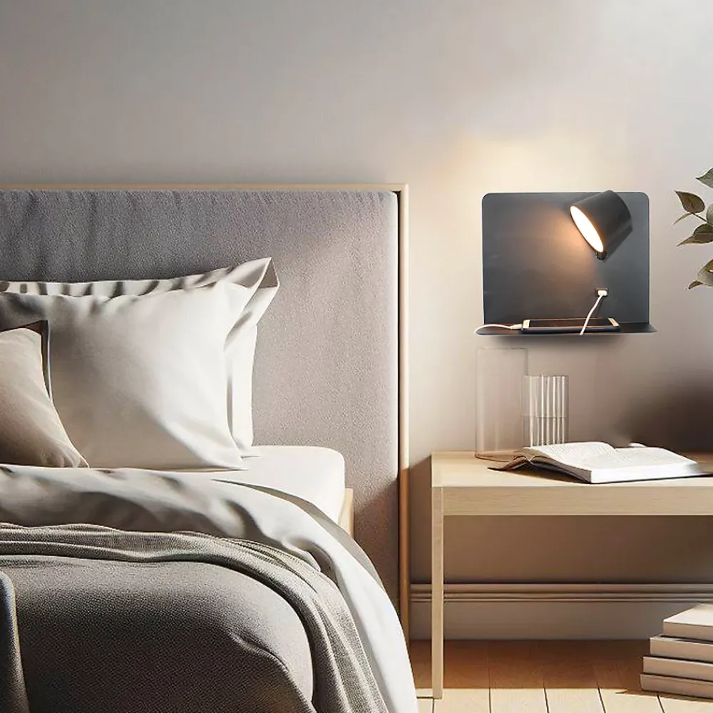 Alpinaluz Applique Murale Intérieure<Applique LED en Aluminium Noir Orientable de 6W 2800K avec Interrupteur Base de Charge Grande et Port USB.