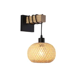 Alpinaluz Applique Murale Intérieure|Applique Murale Pour Cuisine<Applique Murale avec Support en Bois Naturel et Abat-jour en Osier Suspendu Base en Métal Noir Douille E27 pour Salon Co