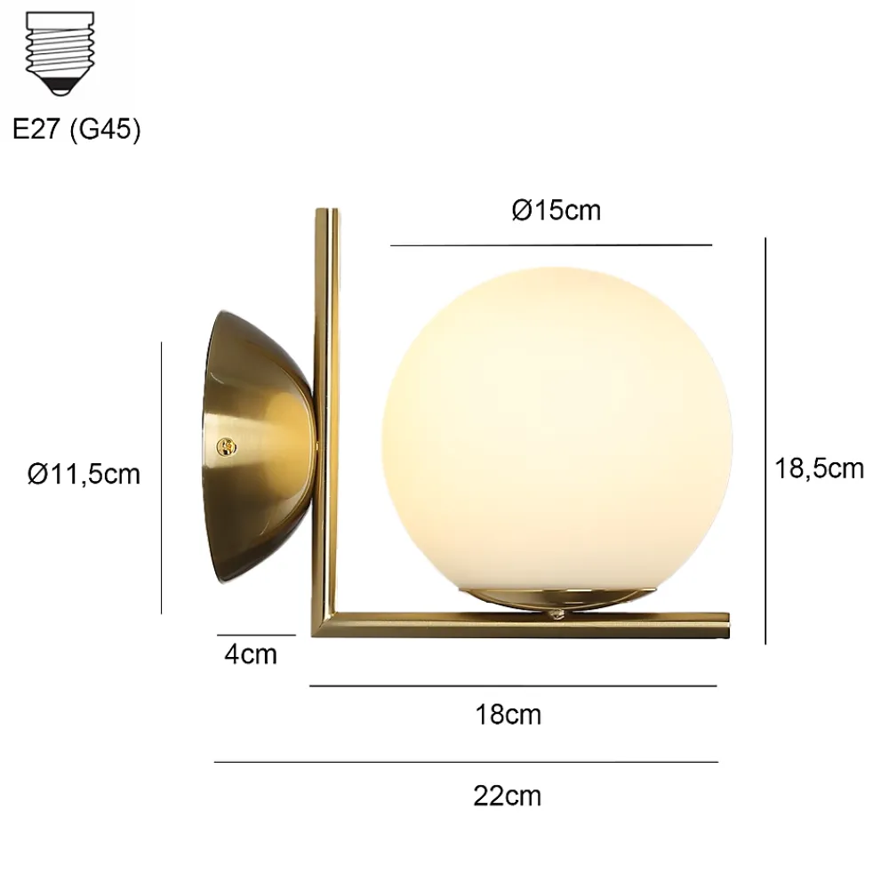 Alpinaluz Applique Murale ESFERA avec Globe en Verre Opale E27 G45 Diffuseur en Verre Soufflé et Structure en Acier Doré.
