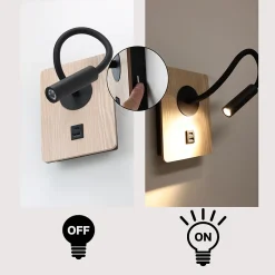 Alpinaluz Applique Murale Intérieure<Applique murale noir et bois avec faisceau flexible 3W port USB et Type C interrupteur avec puces CREE.