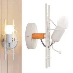 Alpinaluz Applique Murale Pour Cuisine|Applique Murale Pour Salle À Manger<Applique murale Poupée Échelle avec détail en bois et aluminium blanc - Douille E27 lumière vers le haut pour couloir ch