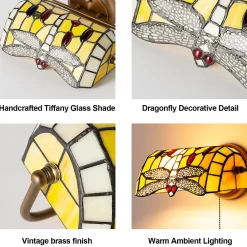 Alpinaluz Applique Murale Pour Cuisine|Applique Murale Pour Salle À Manger<Applique murale rétro en verre style tiffany libellule en cristal mosaïque jaune avec support en laiton, E27