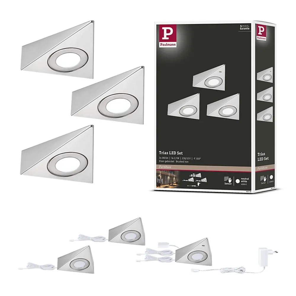 Clearance Paulmann Éclairage sous-meubles LED Trias Détecteur de proximité Kit de 3 3x2,7W 135x132mm 3x185lm 230/12V Acier brossé