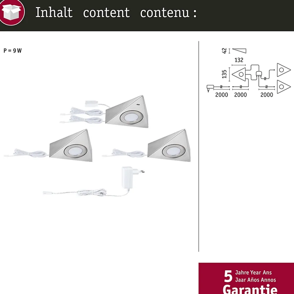 Clearance Paulmann Éclairage sous-meubles LED Trias Détecteur de proximité Kit de 3 3x2,7W 135x132mm 3x185lm 230/12V Acier brossé