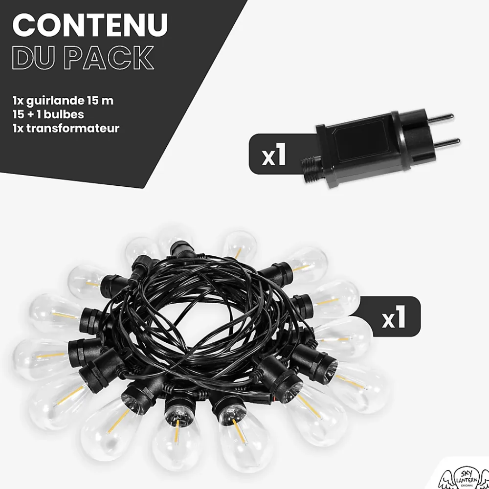 Best Skylantern Guirlande Guinguette IP65 LED 15M 15 Bulbes Filament Allongé Dimmables Avec Télécommande
