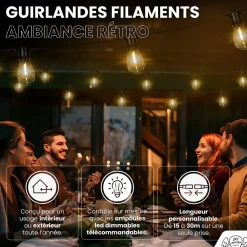 Best Skylantern Guirlande Guinguette IP65 LED 15M 15 Bulbes Filament Allongé Dimmables Avec Télécommande