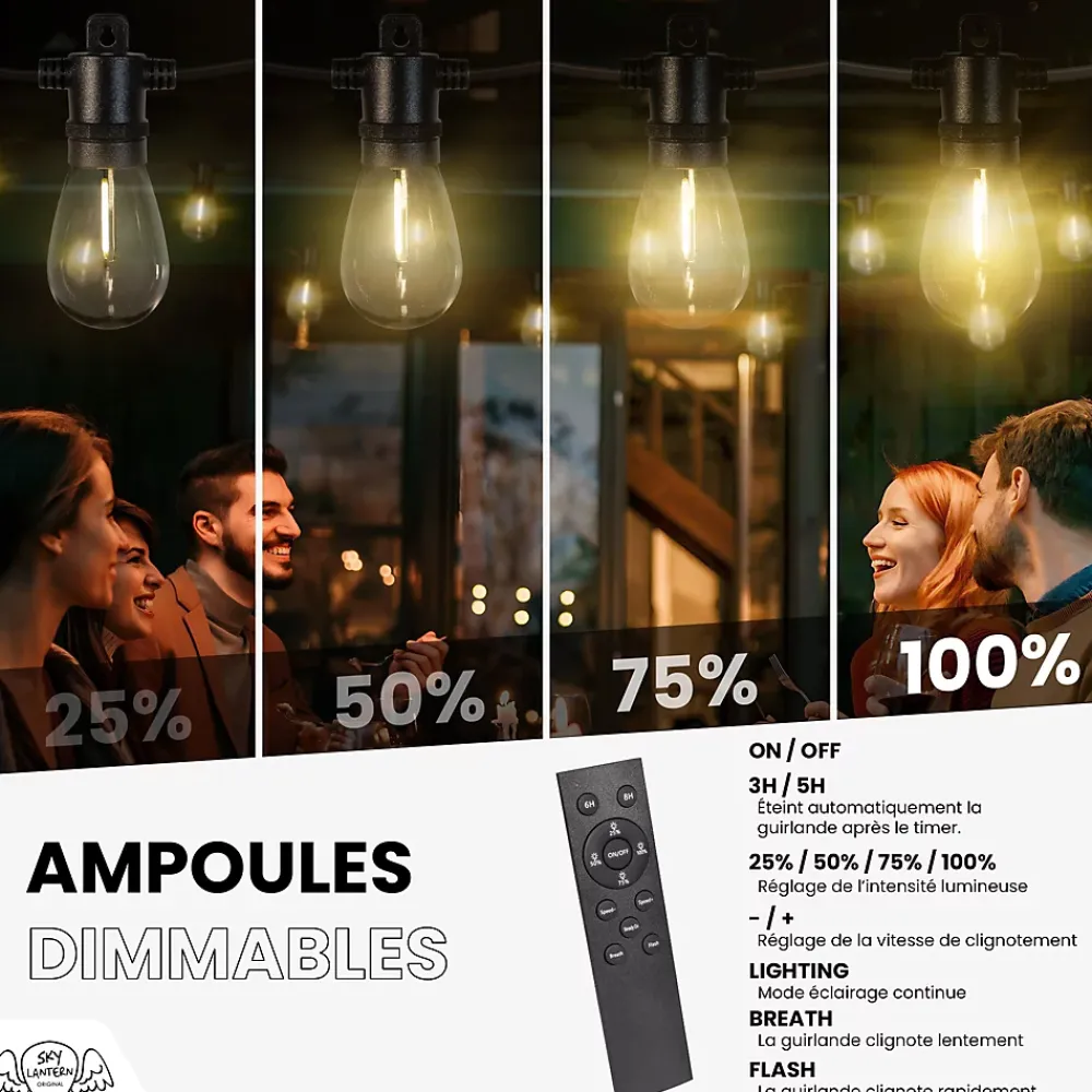 Best Skylantern Guirlande Guinguette IP65 LED 15M 15 Bulbes Filament Allongé Dimmables Avec Télécommande