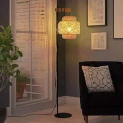 Alpinaluz Lampadaire Intérieur<Lampadaire ANJA en bois et osier avec abat-jour en bambou interrupteur au pied et design moderne pour salon ou cuisine