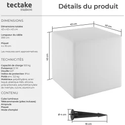 Tectake Panneau Led<Lampe cube avec éclairage LED 12 W avec télécommande et ampoule