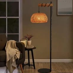 Alpinaluz Lampadaire Intérieur<Lampe sur pied en bois et rotin avec abat-jour en bambou Ylva interrupteur au pied et design moderne pour salon ou cuisine E27