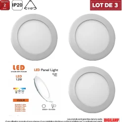 Best LED7 Lot de 3 Spot Encastrable Led Downlight Panel Extra plat 12w Blanc Chaud 3000k, Diamètre : 168mm
