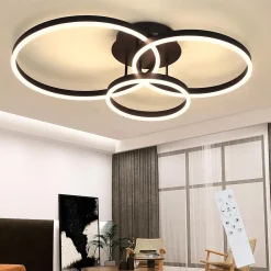 Best Nettlife Lampe plafond LED noire réglable, 82cm, avec télécommande, 74W, design 3 anneaux en acryl