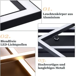 Best Nettlife Plafonnier LED plafonnier salon 20W blanc chaud design moderne lampe noire carrée