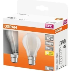 Osram Ampoule B22, Culot À Baïonnette<- Boite de 2 LED std verre dépoli 6.5W b22 806lm 2700K chaud