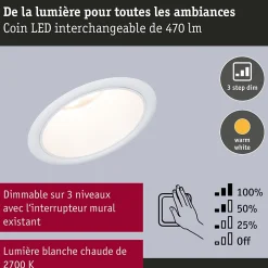 Best Paulmann Spot encastré LED 3-Step-Dim Cole Coin Kit de 1 IP44 rond 88mm Coin 6W 470lm 230V gradable 2700K Blanc