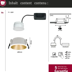 Discount Paulmann Spot encastré LED 3-Step-Dim Cole Coin Kit de 6 IP44 rond 88mm Coin 6x6W 6x460lm 230V gradable 2700K Blanc Doré mat