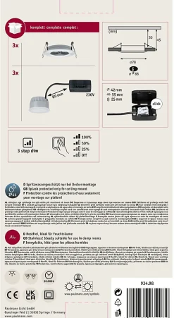 Discount Paulmann Spot encastré LED 3-Step-Dim Nova Coin Kit de base fixe IP44 rond 78mm Coin 3x6W 3x470lm 230V gradable 2700K Alu tourné