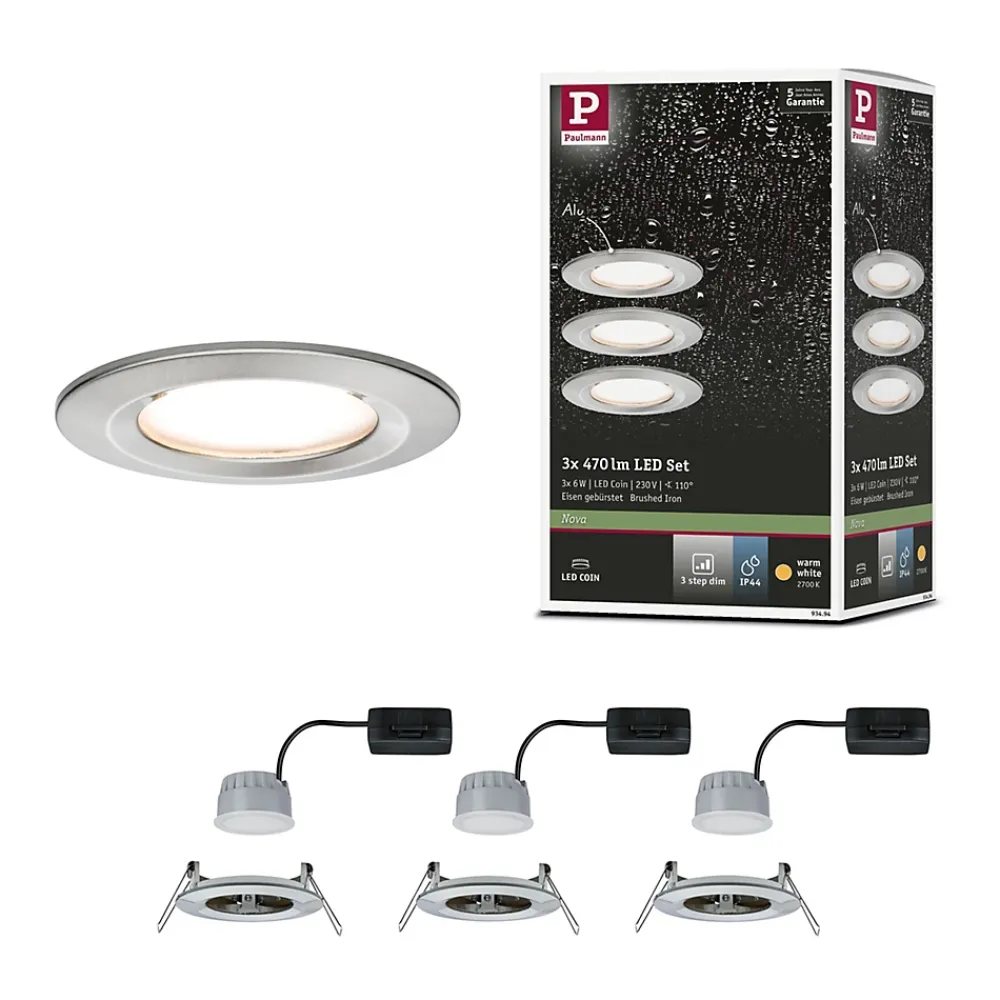 Best Paulmann Spot encastré LED 3-Step-Dim Nova Coin Kit de base fixe IP44 rond 78mm Coin 3x6W 3x470lm 230V gradable 2700K Acier brossé
