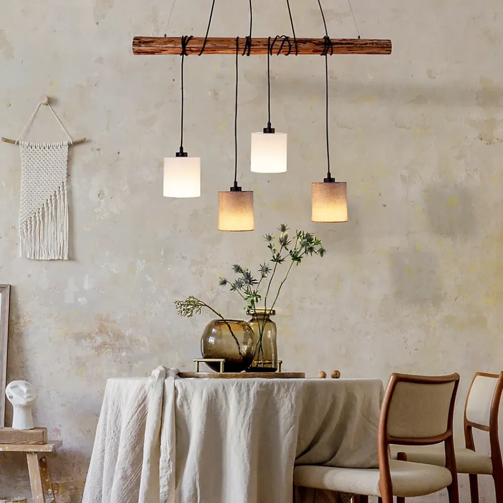 Best Näve Suspension 4 pièces MALTA metal bois abat-jour textile gris blanc douille E27 pour salon bureau ou table de nuit