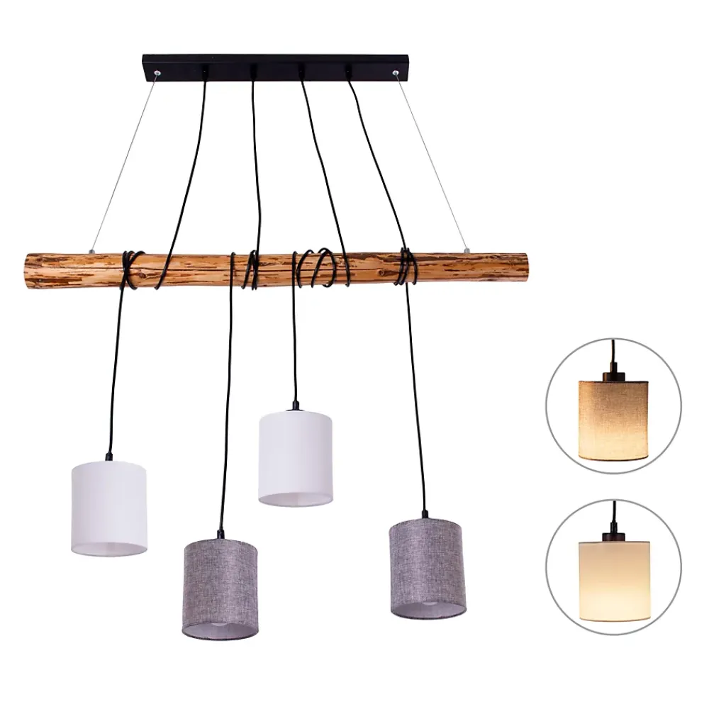 Best Näve Suspension 4 pièces MALTA metal bois abat-jour textile gris blanc douille E27 pour salon bureau ou table de nuit