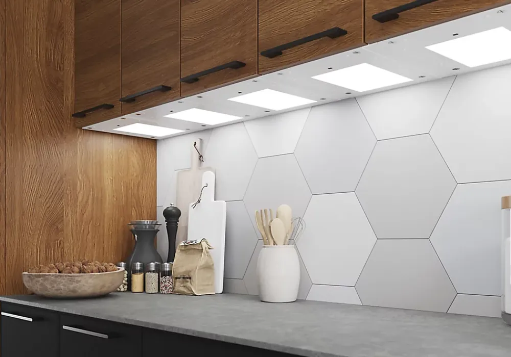 GoodHome Tablette Led Intégrée Sous-Meuble<Tablette avec LED integrées de dessous de meuble haut Caraway blanc l. 26,4 cm x L. 31,9 cm x H. 18,2 mm