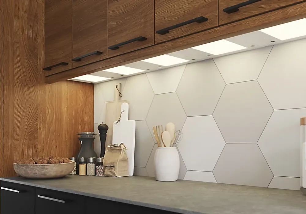 GoodHome Tablette Led Intégrée Sous-Meuble<Tablette avec LED integrées de dessous de meuble haut Caraway blanc l. 26,4 cm x L. 31,9 cm x H. 18,2 mm