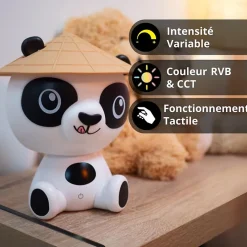 Xanlite Veilleuse Panda LED, intensité variable, 2 accesoires inclus (couronne / chapeau), USB rechargeable, RVB / Blanc chaud