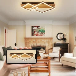 zmh Plafonnier Pour Chambre|Plafonnier Pour Cuisine<Plafonnier LED Bois Dimmable 55cm 36w Design Carré Géométrique Télécommande Pour Chambre.