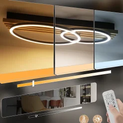zmh Plafonnier Pour Chambre|Plafonnier Pour Cuisine<Plafonnier LED En Bois Dimmable 55 Cm 36w 2 Anneaux Design Géométrique,Avec Télécommande