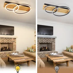 zmh Plafonnier Pour Chambre|Plafonnier Pour Cuisine<Plafonnier LED En Bois Dimmable 55 Cm 36w 2 Anneaux Design Géométrique,Avec Télécommande
