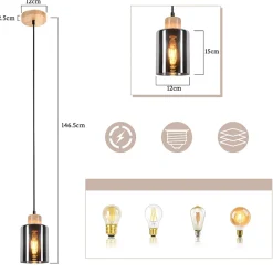 zmh Suspension Et Lustre<Suspension En Bois Pour Table à Manger Vintage 1 Lumière E27 Lampe De Salle à Manger Industrielle