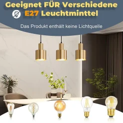 zmh Suspension Et Lustre<Suspension Salle à Manger 3 Flammes Or E27 Lampe Suspendue Métal Chambre Couloir