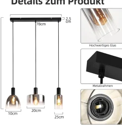 zmh Suspension Pour Salon|Suspension Pour Chambre<Suspension verre 3 Flammes suspendue E27 Gris Fumée Hauteur réglable Lampe à suspension Moderne