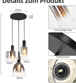 zmh Suspension Et Lustre<Suspension Verre 3/4 Flammes E27 Gris Fumée 180cm Lampe à suspension Cage D'escalier