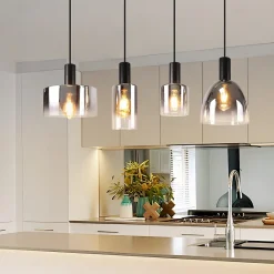 zmh Suspension Pour Salon|Suspension Pour Chambre<Suspension verre 4 luminaire suspension E27 Gris Fumée 180cm Suspension Noire Cage D'escalier